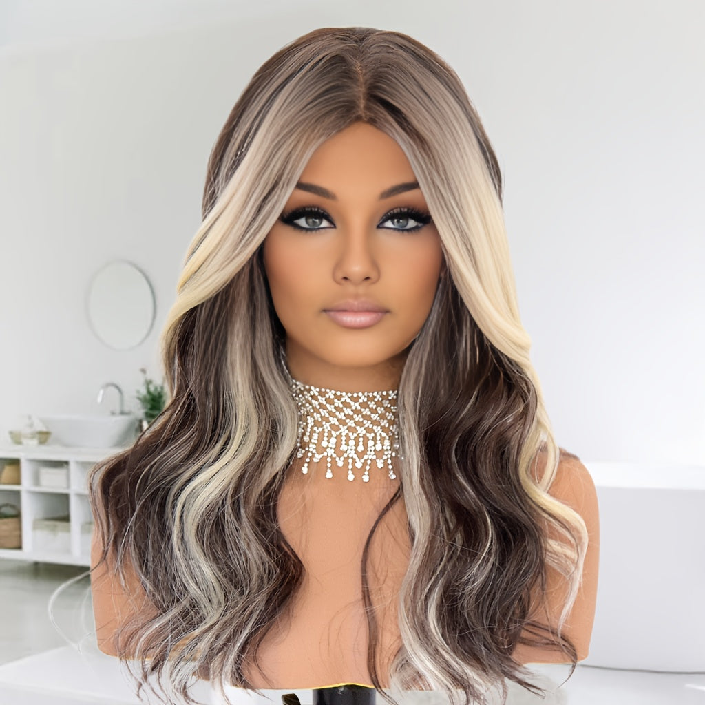 Realistic Glueless Lace Front Wig for Women - Brown Rooted Ash Blonde Body Wave 20" Shoulder Length, 130% Density Synthetic Hair with 13x4x1 Lace Area, Middle Part Elegant Unisex Wig for All Ethnicities, Versatile Hairpiece |